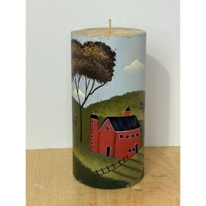 EsScentials Hand Painted Pillar Candle Red Barn Farm Folk Art Landscape 6 Inch